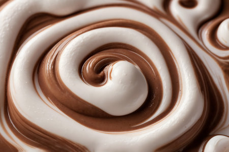close up of a chocolate swirl on a white background, top viewの素材