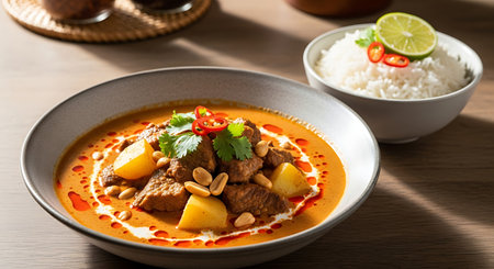 Rich Massaman beef curry with potatoes, peanuts, and rice.の素材