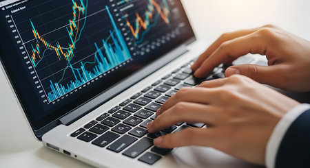 Professional typing on laptop, analyzing financial market data and graphs.の素材