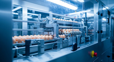 Automated handling of fresh eggs on a modern production line within a high-tech food factory, emphasizing industrial efficiency and quality control.の素材