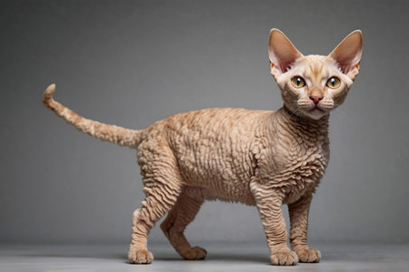 Beautiful sphynx cat standing on gray background, studio shotの素材