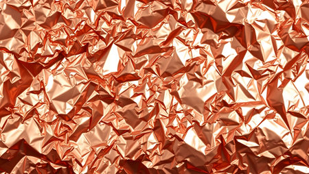 Abstract background of crumpled, shiny rose gold foil with metallic texture.の素材