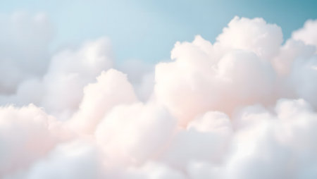 Soft, fluffy white clouds in a gentle pastel sky, ethereal and serene.の素材
