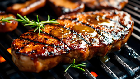 Succulent, glazed steak sizzling on hot BBQ grill, garnished with rosemary.の素材