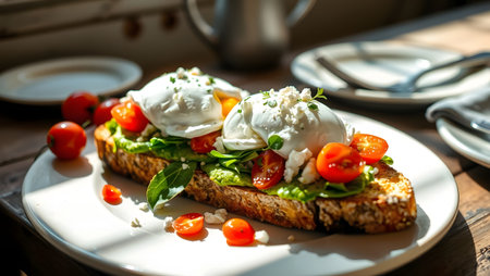 Bright, healthy breakfast with avocado toast, poached eggs, tomatoes.の素材