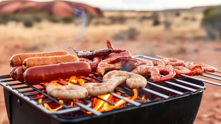 Grilling sausages, shrimp, and more on a portable BBQ in an Australian desert setting.の素材