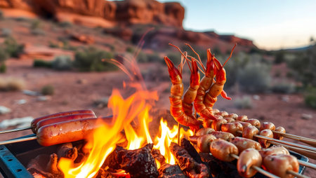 Shrimp, sausages, hot dogs cooking over campfire in scenic desert canyon.の素材