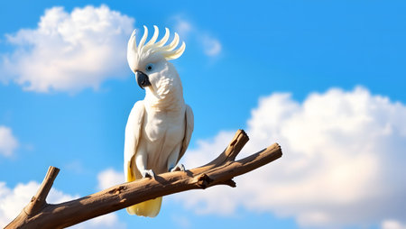Stunning Umbrella Cockatoo perches on branch, clear blue sky background.の素材