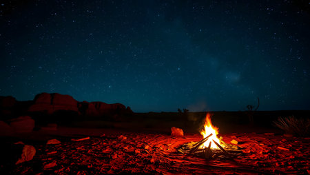 Warm campfire glows against a stunning starry desert night sky.の素材