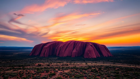 Iconic Uluru (Ayers Rock) glowing under a stunning, colorful desert sky.の素材