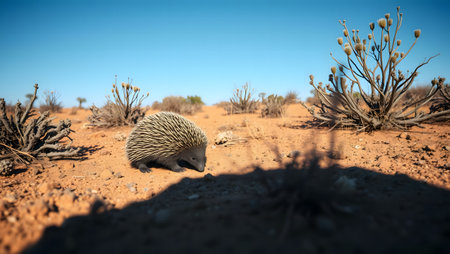 An echidna with spines explores a vast, dry Australian desert under a clear blue sky.の素材