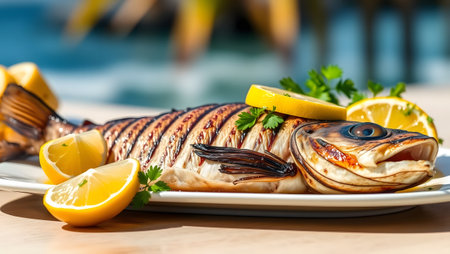 Delicious whole grilled fish on a plate with fresh lemon and parsley.の素材