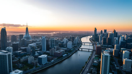 Dynamic aerial cityscape at golden hour, river, bridges, towering skyscrapers.の素材