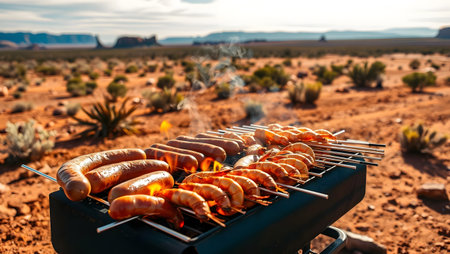 Grilled sausages on a barbecue in the desert of Arizonaの素材