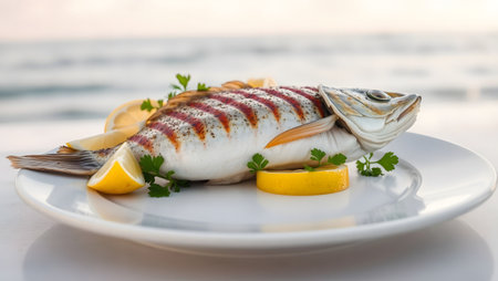 Perfectly grilled whole fish with lemon & parsley, ocean backdrop.の素材