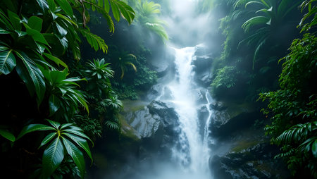 Powerful waterfall cascading through a lush, misty tropical rainforest.の素材