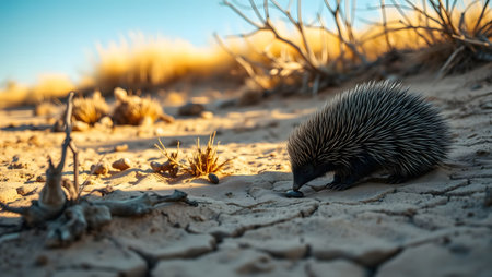 Spiny echidna forages in a dry, cracked desert at sunset. Australian wildlife.の素材