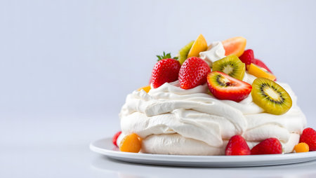 Exquisite Pavlova dessert adorned with whipped cream, strawberries, and kiwi.の素材