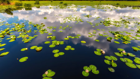 Serene pond with blooming water lilies, green foliage, and cloud reflections.の素材