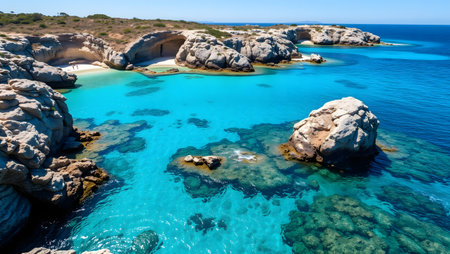 Stunning aerial of turquoise bay, rocky cliffs, clear water, sandy beach, summer.の素材