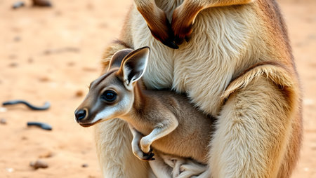 Cute baby kangaroo, joey, emerging from its mother's warm marsupial pouch.の素材