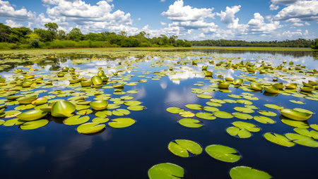 Vibrant green lily pads float on dark water, reflecting blue sky and clouds. Lush forest backdrop creates a serene nature scene.の素材