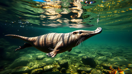 A unique striped creature with whiskers swims in clear water, ancient aquatic life.の素材
