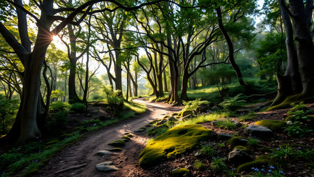 Winding forest path bathed in warm morning sunlight, serene woodland scene.の素材