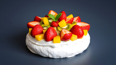Elegant Pavlova with whipped cream, fresh strawberries, kiwi, mango on dark background.の素材