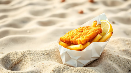 Crispy fish and golden chips in paper on a sunny sandy beach with lemon.の素材
