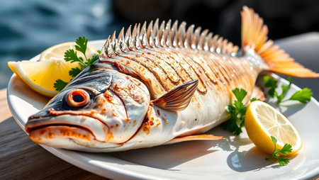 Perfectly grilled whole fish with lemon and parsley, outdoor dining.の素材