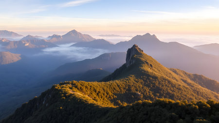 Stunning mountain landscape at dawn, with peaks emerging from mist and fog.の素材