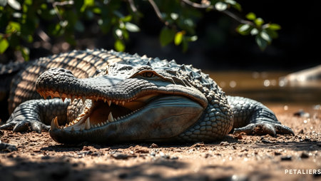 Wild American alligator resting on sandy riverbank with powerful jaws open.の素材