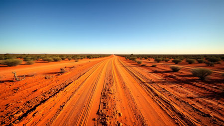 Long red dirt road stretches to horizon in arid outback landscape, travel concept.の素材