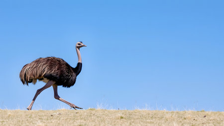 Majestic ostrich captured in profile, striding across a savanna landscape.の素材
