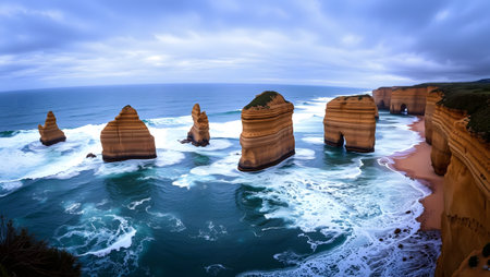 Dramatic view of the Twelve Apostles rock stacks, crashing waves, and cloudy sky.の素材