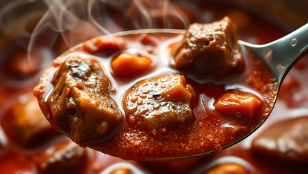Close-up of a spoon lifting rich, hot stew with chunks of meat and vegetables.の素材