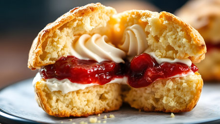 Close-up of a scone filled with luscious clotted cream and sweet strawberry jam.の素材