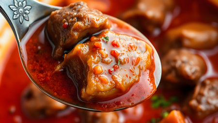 Macro shot of a hearty goulash stew with tender meat in a rich red sauce.の素材
