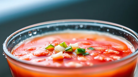 Refreshing, cold tomato soup served in a glass, garnished with fresh produce.の素材
