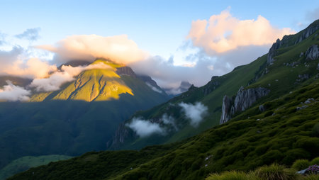 Panoramic view of the peaks of the Caucasus Mountains at sunsetの素材