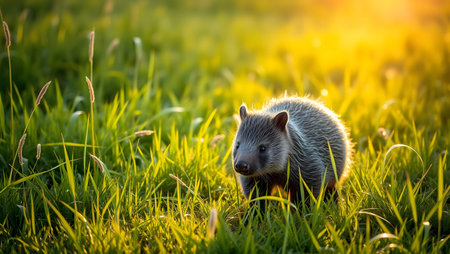Cute baby hedgehog in green grass at sunset. Beautiful animal portrait.の素材