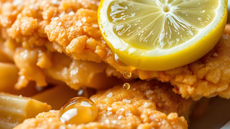 Fried chicken fillet with macaroni and lemon closeupの素材