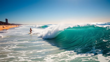 Surfer on Blue Ocean Wave in Bali island, Indonesia.の素材