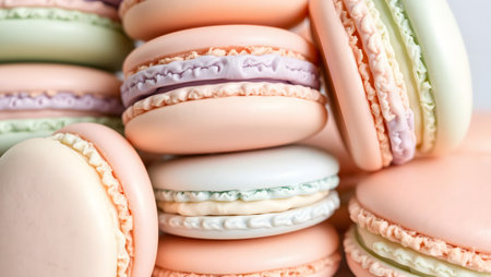 A vibrant stack of delicate French macarons in soft pastel hues, a sweet treat.の素材