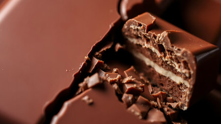 Macro shot of a broken chocolate bar, revealing creamy white filling layers.の素材