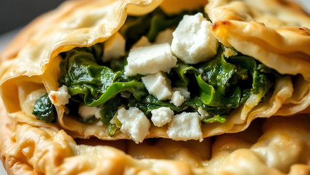 Macro shot of a savory pastry, overflowing with fresh spinach and crumbled feta.の素材