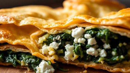 Delicious Greek spanakopita, golden pastry filled with spinach and feta cheese, showcasing flaky layers.の素材