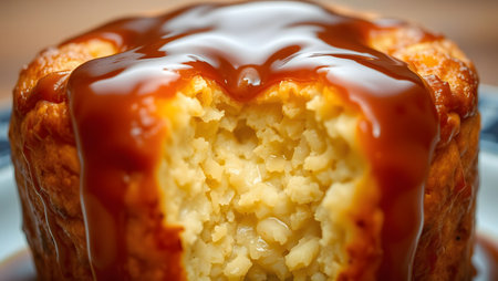 Close-up of a rich, creamy dessert topped with luscious caramel sauce.の素材