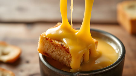 Rich, golden sauce dramatically dripping onto a crusty piece of toasted bread.の素材